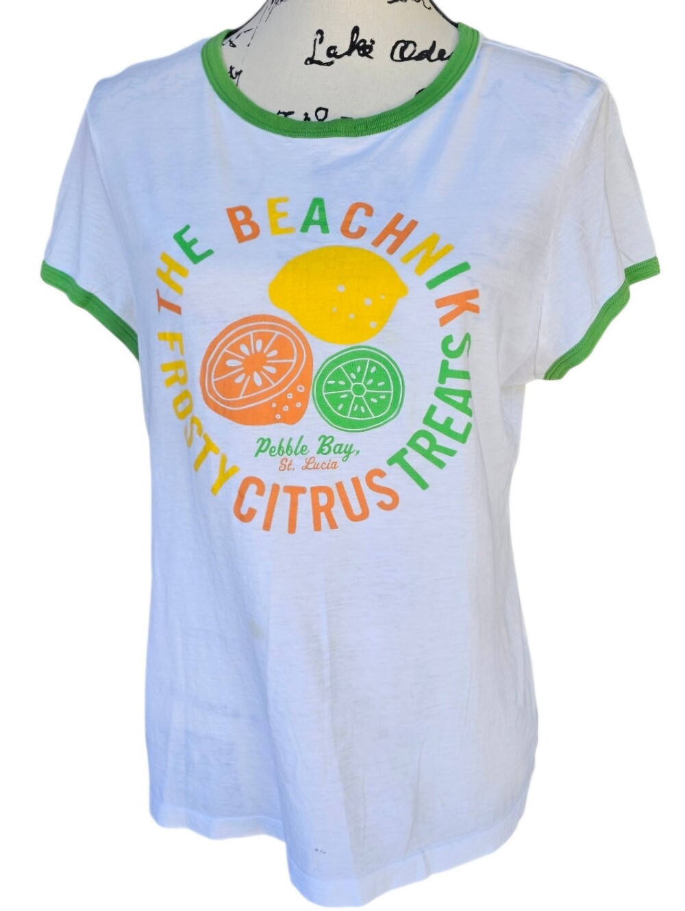 American Eagle White Citrus Graphic Tee with Green Trim